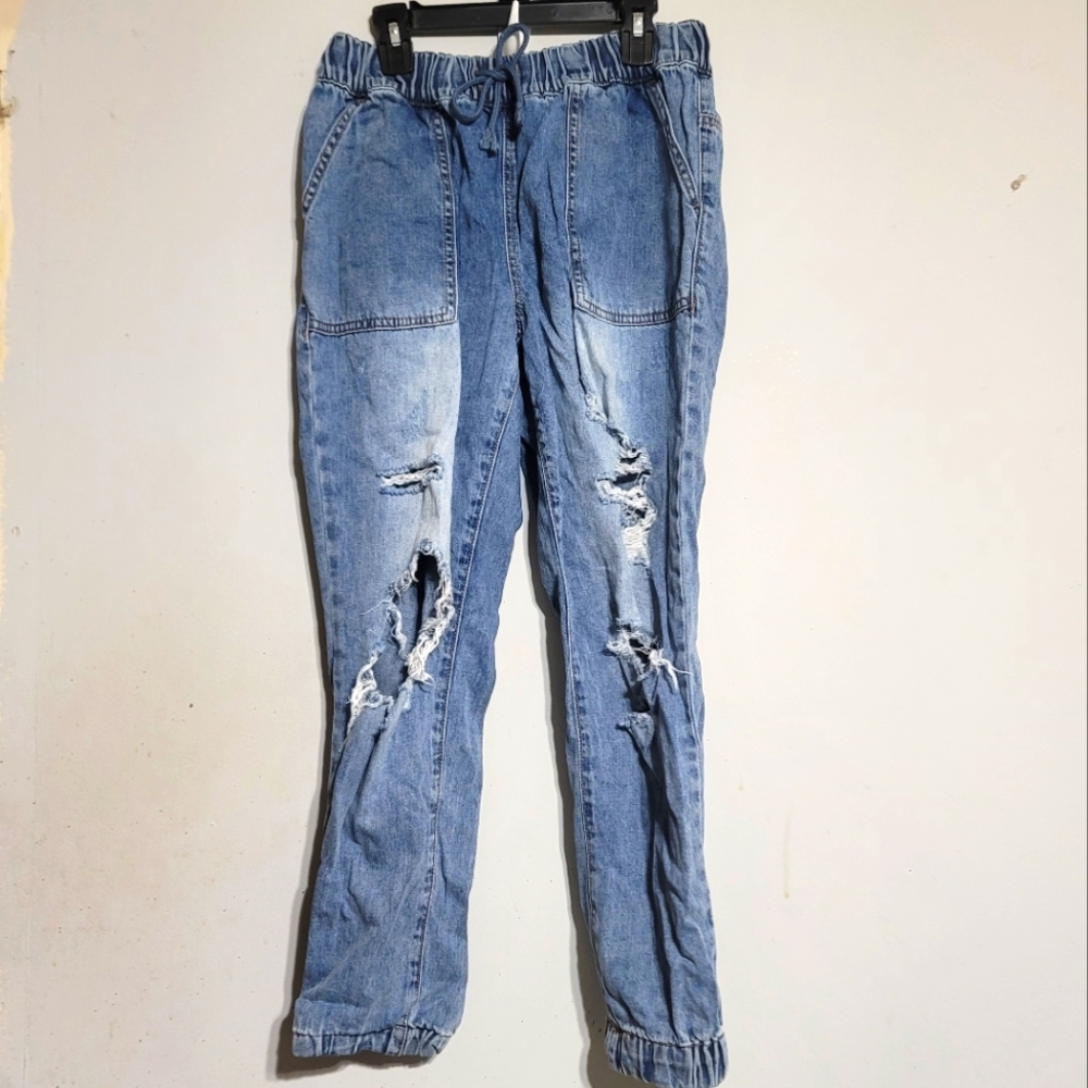 Womens Maurices Jeans size 8 SHORT Denim Joggers Distressed‎ Pull On Pants Blue
